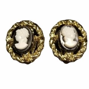 Vintage Cameo Clip Earrings Signed S&G